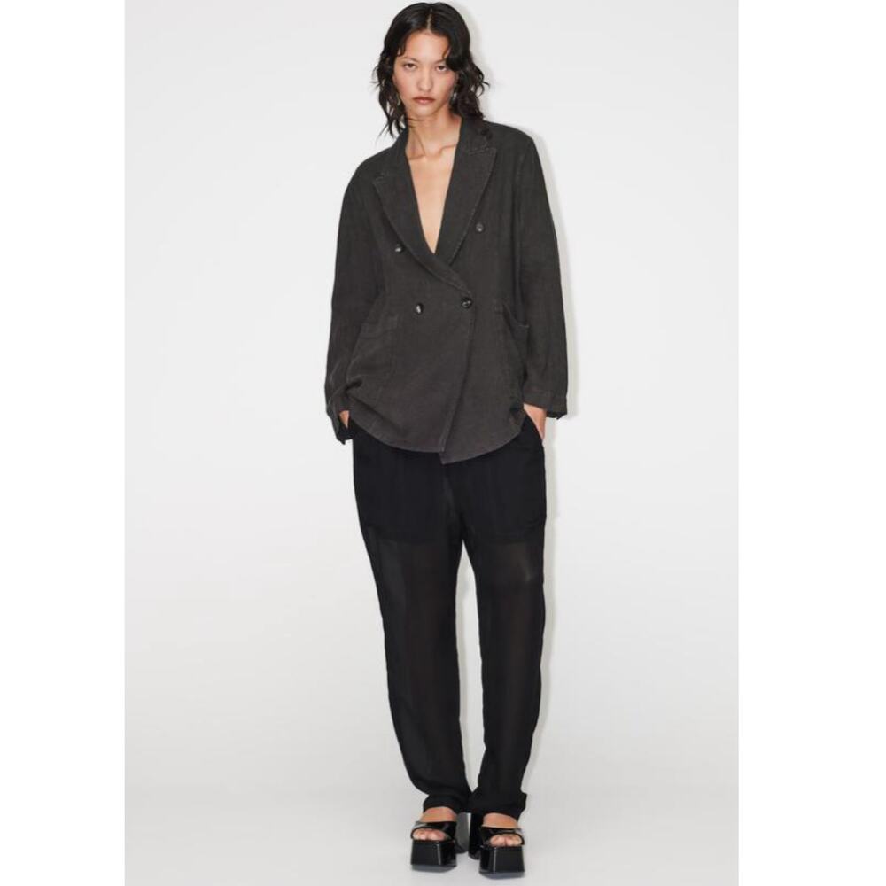 ZARA Linen Blazer Jacket Womens Small Oversized Shacket Soft Power Grey Relaxed